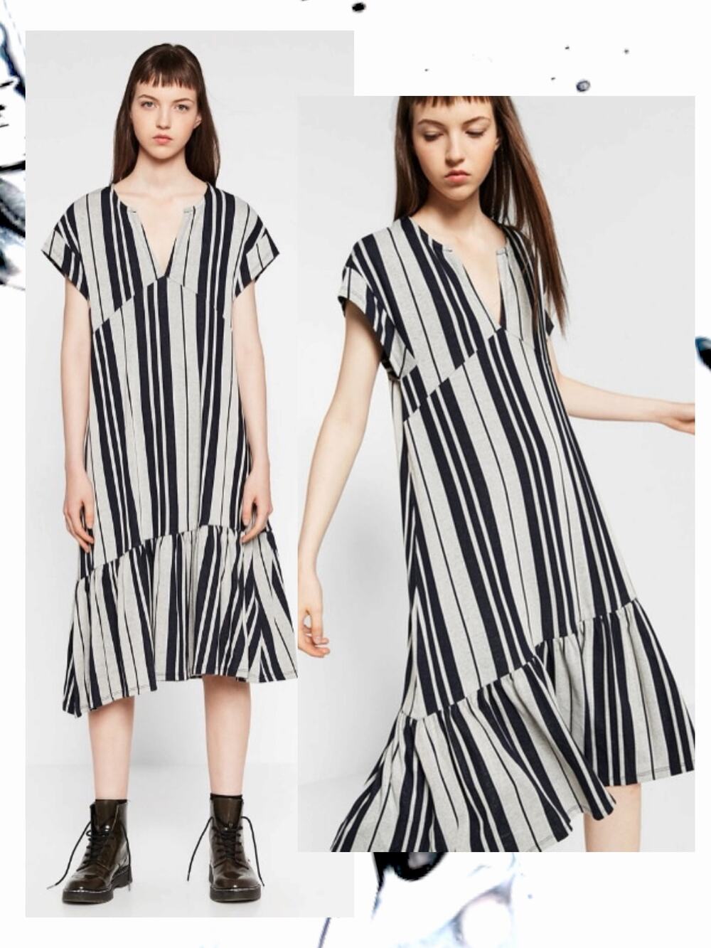 ZARA Striped Asymmetric Midi Shift Dress Black Cream V-Neck Cottagecore Knit